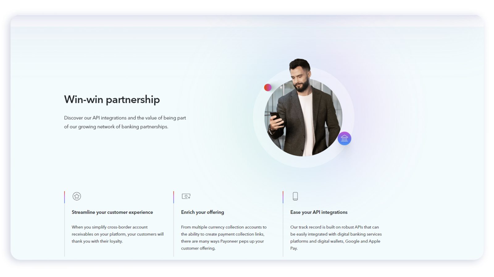 A Win-win partnership section with three API benefit columns beneath it