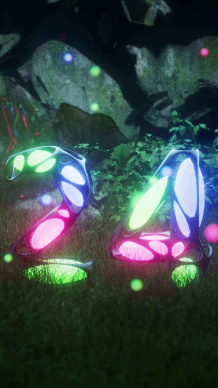 The numerals 2024 glowing in a mossy forest floor surrounded by fireflies